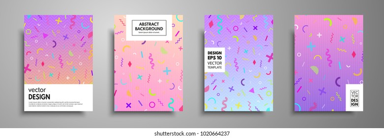 Placard templates set with abstract geometric elements. Memphis style cards. Collection of templates in trendy memphis fashion 80-90s. Applicable for placards, brochures, flyers, covers and banners