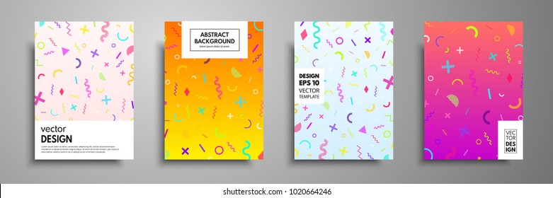 Placard templates set with abstract geometric elements. Memphis style cards. Collection of templates in trendy memphis fashion 80-90s. Applicable for placards, brochures, flyers, covers and banners