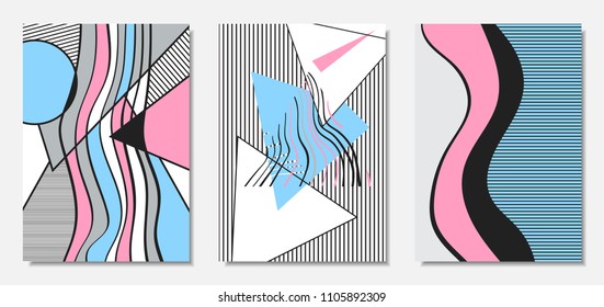 Placard Templates Set with Abstract Geometric Shapes. Vector Covers. Handwritten Wavy Stripes and Triangles in Bauhaus Style. Applicable for Brochure, Poster, Layout. Abstract Geometric Backgrounds.