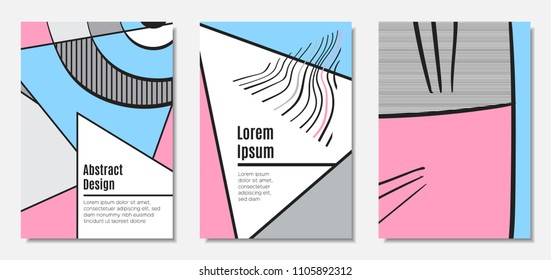 Placard Templates Set with Abstract Geometric Shapes. Vector Covers. Handwritten Wavy Stripes and Triangles in Bauhaus Style. Applicable for Brochure, Poster, Layout. Abstract Geometric Backgrounds.