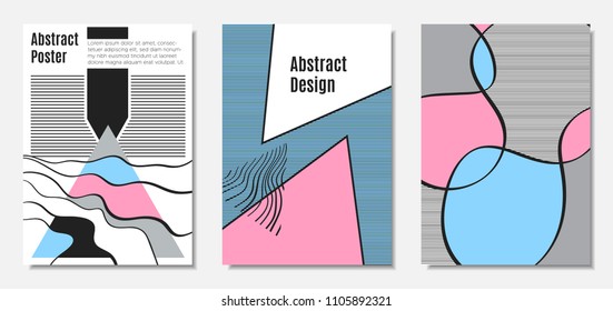 Placard Templates Set with Abstract Geometric Shapes. Vector Covers. Handwritten Wavy Stripes and Triangles in Bauhaus Style. Applicable for Brochure, Poster, Layout. Abstract Geometric Backgrounds.