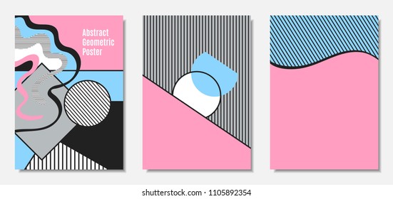 Placard Templates Set with Abstract Geometric Shapes. Vector Covers. Handwritten Wavy Stripes and Triangles in Bauhaus Style. Applicable for Brochure, Poster, Layout. Abstract Geometric Backgrounds.