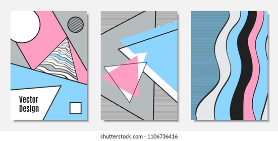Placard Templates Set with Abstract Geometric Shapes. Vector Covers. Handwritten Wavy Stripes and Triangles in Bauhaus Style. Applicable for Brochure, Poster, Layout. Abstract Geometric Backgrounds.