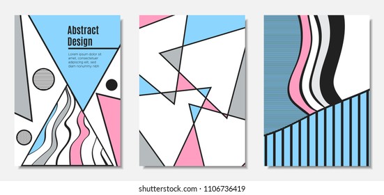 Placard Templates Set with Abstract Geometric Shapes. Vector Covers. Handwritten Wavy Stripes and Triangles in Bauhaus Style. Applicable for Brochure, Poster, Layout. Abstract Geometric Backgrounds.