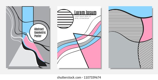 Placard Templates Set with Abstract Geometric Shapes. Vector Covers. Handwritten Wavy Stripes and Triangles in Bauhaus Style. Applicable for Brochure, Poster, Layout. Abstract Geometric Backgrounds.