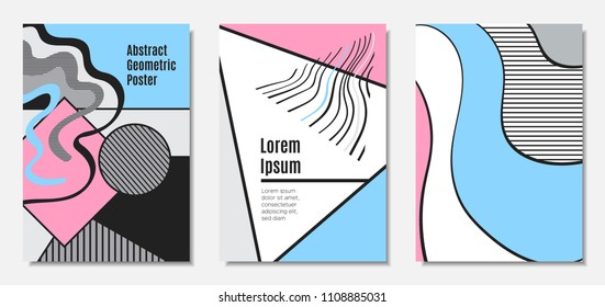 Placard Templates Set with Abstract Geometric Shapes. Vector Covers. Handwritten Wavy Stripes and Triangles in Bauhaus Style. Applicable for Brochure, Poster, Layout. Abstract Geometric Backgrounds.