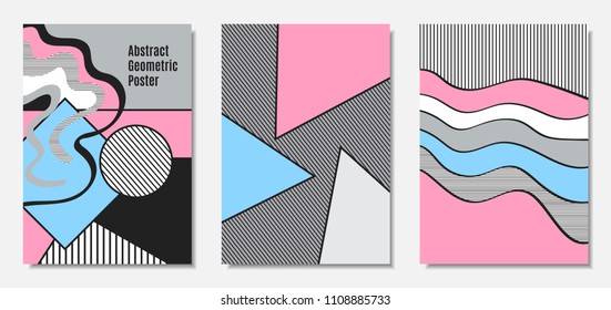Placard Templates Set with Abstract Geometric Shapes. Vector Covers. Handwritten Wavy Stripes and Triangles. Applicable for Brochure, Poster, Layout. Abstract Geometric Backgrounds.
