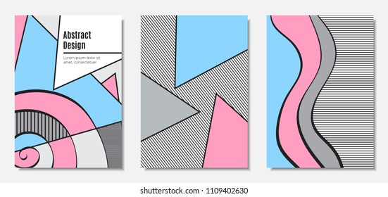 Placard Templates Set with Abstract Geometric Shapes. Vector Covers. Handwritten Wavy Stripes and Triangles in Bauhaus Style. Applicable for Brochure, Poster, Layout. Abstract Geometric Backgrounds.