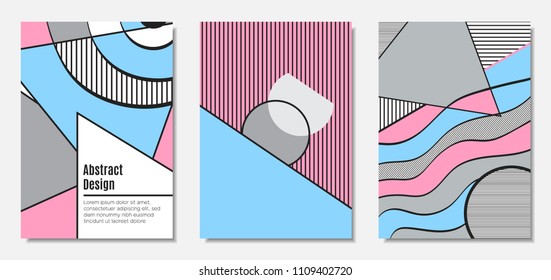 Placard Templates Set with Abstract Geometric Shapes. Vector Covers. Handwritten Wavy Stripes and Triangles in Bauhaus Style. Applicable for Brochure, Poster, Layout. Abstract Geometric Backgrounds.