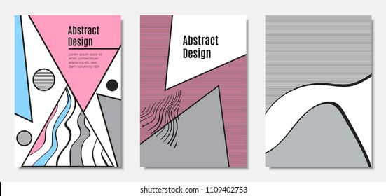 Placard Templates Set with Abstract Geometric Shapes. Vector Covers. Handwritten Wavy Stripes and Triangles in Bauhaus Style. Applicable for Brochure, Poster, Layout. Abstract Geometric Backgrounds.