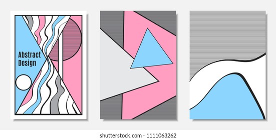 Placard Templates Set with Abstract Geometric Shapes. Vector Covers. Handwritten Wavy Stripes and Triangles in Bauhaus Style. Applicable for Brochure, Poster, Layout. Abstract Geometric Backgrounds.