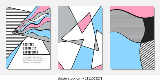 Placard Templates Set with Abstract Geometric Shapes. Vector Covers. Handwritten Wavy Stripes and Triangles in Bauhaus Style. Applicable for Brochure, Poster, Layout. Abstract Geometric Backgrounds.