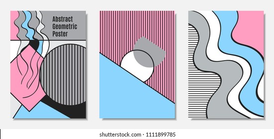 Placard Templates Set with Abstract Geometric Shapes. Vector Covers. Handwritten Wavy Stripes and Triangles in Bauhaus Style. Applicable for Brochure, Poster, Layout. Abstract Geometric Backgrounds.