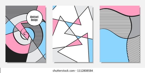 Placard Templates Set with Abstract Geometric Shapes. Vector Covers. Handwritten Wavy Stripes and Triangles in Bauhaus Style. Applicable for Brochure, Poster, Layout. Abstract Geometric Backgrounds.