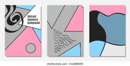 Placard Templates Set with Abstract Geometric Shapes. Vector Covers. Handwritten Wavy Stripes and Triangles in Bauhaus Style. Applicable for Brochure, Poster, Layout. Abstract Geometric Backgrounds.