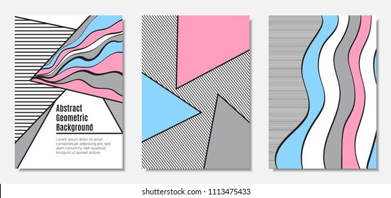 Placard Templates Set with Abstract Geometric Shapes. Vector Covers. Handwritten Wavy Stripes and Triangles in Bauhaus Style. Applicable for Brochure, Poster, Layout. Abstract Geometric Backgrounds.