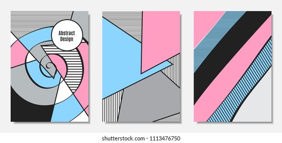 Placard Templates Set with Abstract Geometric Shapes. Vector Covers. Handwritten Wavy Stripes and Triangles in Bauhaus Style. Applicable for Brochure, Poster, Layout. Abstract Geometric Backgrounds.