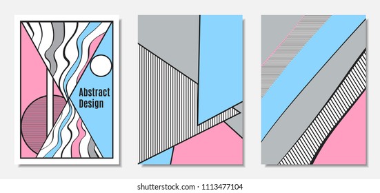 Placard Templates Set with Abstract Geometric Shapes. Vector Covers. Handwritten Wavy Stripes and Triangles in Bauhaus Style. Applicable for Brochure, Poster, Layout. Abstract Geometric Backgrounds.