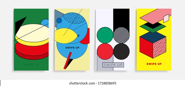 Placard templates set with abstract geometric shapes, 80s memphis bright style flat design elements. Retro art for a4 covers, banners, flyers and posters. Eps10 vector illustrations