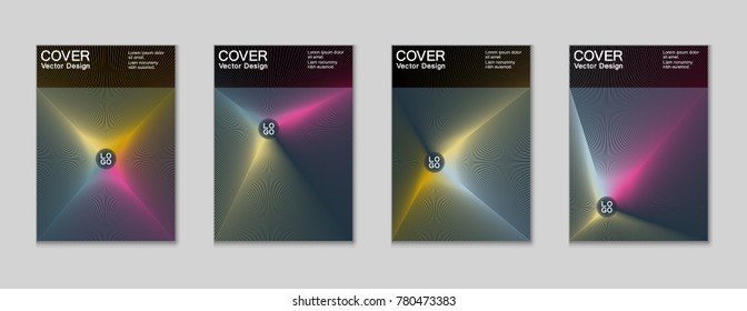 Placard templates set with abstract halftone lines rays, 80s memphis geometric style poster design elements. Retro art halftone vector illustration for banners, flyers, placards and party posters.