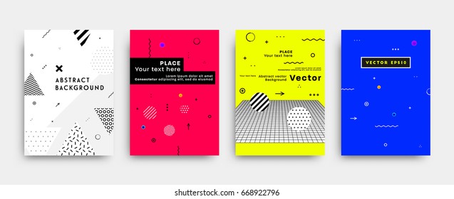 Placard templates set with abstract liquid bubbles shapes, 80s memphis geometric style flat and 3d design elements. Retro art for a4 covers, banners, flyers and posters. Eps10 vector illustrations