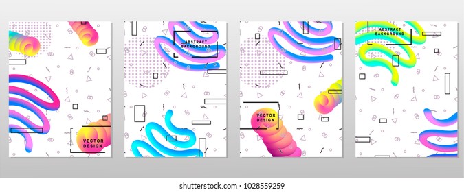 Placard templates set with abstract shapes, 80s memphis geometric style flat and line design elements. Retro art for a4 covers, banners, flyers and posters. Eps10 vector illustrations