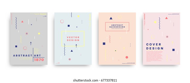 Placard templates set with abstract shapes, 80s memphis geometric style flat and line design elements. Retro art for a4 covers, banners, flyers and posters. Eps10 vector illustrations