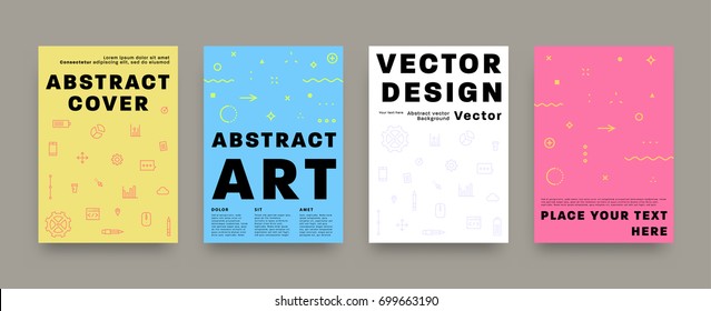 Las plantillas de plano con formas abstractas, los elementos de diseño de líneas y planos de estilo geométrico de los años 80. Arte retro para portadas a4, banners, volantes y carteles. Ilustraciones vectoriales Eps10