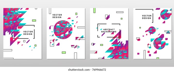 Placard templates set with abstract shapes, 80s memphis geometric style flat and line design elements. Retro art for a4 covers, banners, flyers and posters. Eps10 vector illustrations