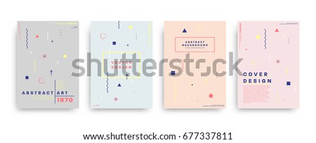 Placard templates set with abstract shapes, 80s memphis geometric style flat and line design elements. Retro art for a4 covers, banners, flyers and posters. Eps10 vector illustrations