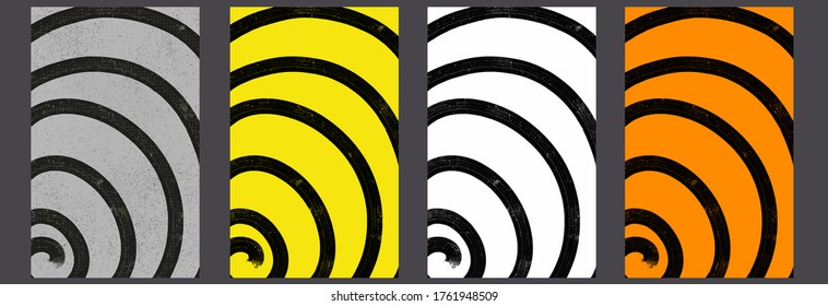 Placard templates set collection with abstract geometric 
spiral shapes. Retro hand drawing textured pattern art for a4 covers, banners, flyers and posters background. Eps8 vector illustrations