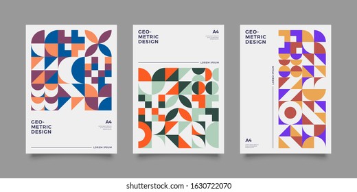 Placard templates set with Geometric shapes, Retro bauhaus geometric style flat and line design elements. Retro art for covers, banners, flyers and posters. Eps 10 vector illustrations