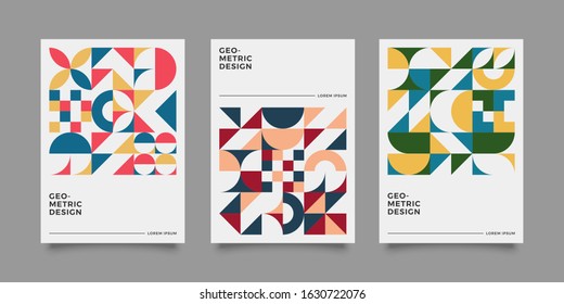 Placard templates set with Geometric shapes, Retro bauhaus geometric style flat and line design elements. Retro art for covers, banners, flyers and posters. Eps 10 vector illustrations