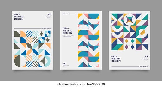 Placard templates set with Geometric shapes, Retro bauhaus swiss style flat and line design elements. Retro art for covers, banners, flyers and posters. Eps 10 vector illustrations