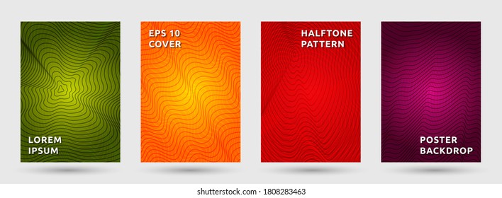 Placard templates vector collection. Digital halftone pattern covers. Front pages with halftone waves texture geometric design. Gradient curves cover page layouts. Dynamic patterns.