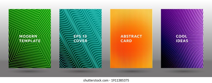 Placard templates vector collection. Flat halftone pattern covers. Title pages with halftone texture geometric design. Gradient business cover page layouts. Dynamic composition backgrounds.