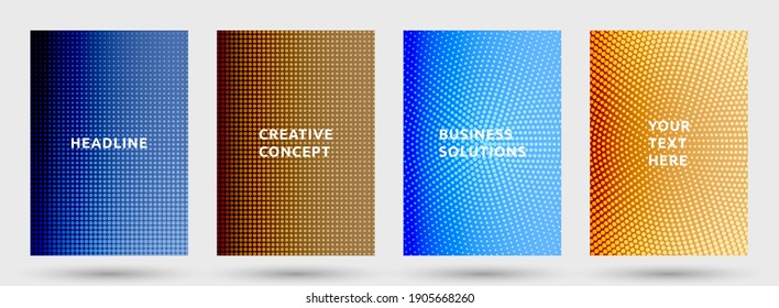Placard templates vector collection. Minimal halftone pattern covers. Dots halftone texture front pages geometric design. Gradient backgrounds cover page layouts. Nise dots texture composition.