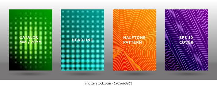 Placard templates vector collection. Minimal halftone pattern covers. Title pages with halftone texture geometric design. Gradient publication cover page layouts. Dynamic composition backgrounds.