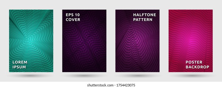 Placard templates vector collection. Modern halftone pattern covers. Front pages with halftone waves texture geometric design. Gradient curve lines cover page layouts. Topographic backgrounds.
