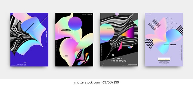 Placards with abstract liquid bubbles shapes, 80s memphis geometric style flat and 3d design elements. Retro art for covers, banners, flyers and posters. Esp10 vector illustration.