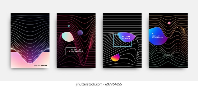 Placards with abstract liquid bubbles shapes, 80s memphis geometric style flat and 3d design elements. Retro art for covers, banners, flyers and posters. Esp10 vector illustration.