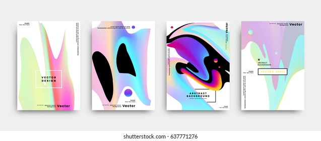 Placas con formas abstractas de burbujas líquidas, elementos planos de estilo geométrico de los años 80 y elementos de diseño 3d. Arte retro para portadas, pancartas, volantes y afiches. Ilustración vectorial Esp10.