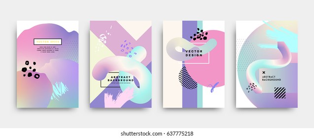 Placards with abstract liquid bubbles shapes, 80s memphis geometric style flat and 3d design elements. Retro art for covers, banners, flyers and posters. Esp10 vector illustration.