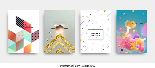 Placards with abstract liquid bubbles shapes, 80s memphis geometric style flat and 3d design elements. Retro art for covers, banners, flyers and posters. Esp10 vector illustration.