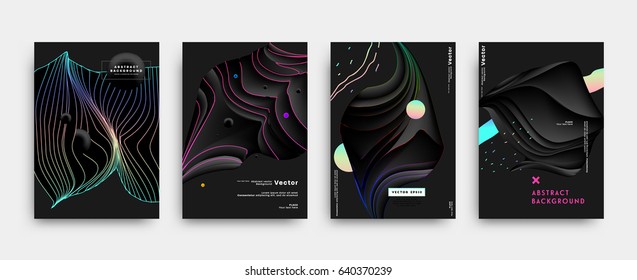 Placards with abstract liquid bubbles shapes, 80s memphis geometric style flat and 3d design elements. Retro art for covers, banners, flyers and posters. Esp10 vector illustration.