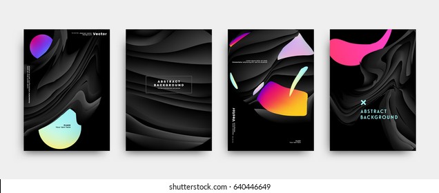 Placards with abstract liquid bubbles shapes, 80s memphis geometric style flat and 3d design elements. Retro art for covers, banners, flyers and posters. Esp10 vector illustration.