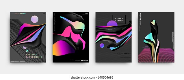 Placards with abstract liquid bubbles shapes, 80s memphis geometric style flat and 3d design elements. Retro art for covers, banners, flyers and posters. Esp10 vector illustration.