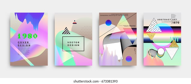 Placards with abstract liquid bubbles shapes, 80s memphis geometric style flat and 3d design elements. Retro art for covers, banners, flyers and posters. Esp10 vector illustrations.