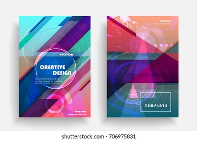 Placards with abstract shapes, geometric style flat and 3d design elements. Futuristic art for covers, banners, flyers and posters. Esp10 vector illustration.