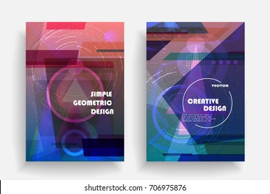 Placards with abstract shapes, geometric style flat and 3d design elements. Futuristic art for covers, banners, flyers and posters. Esp10 vector illustration.